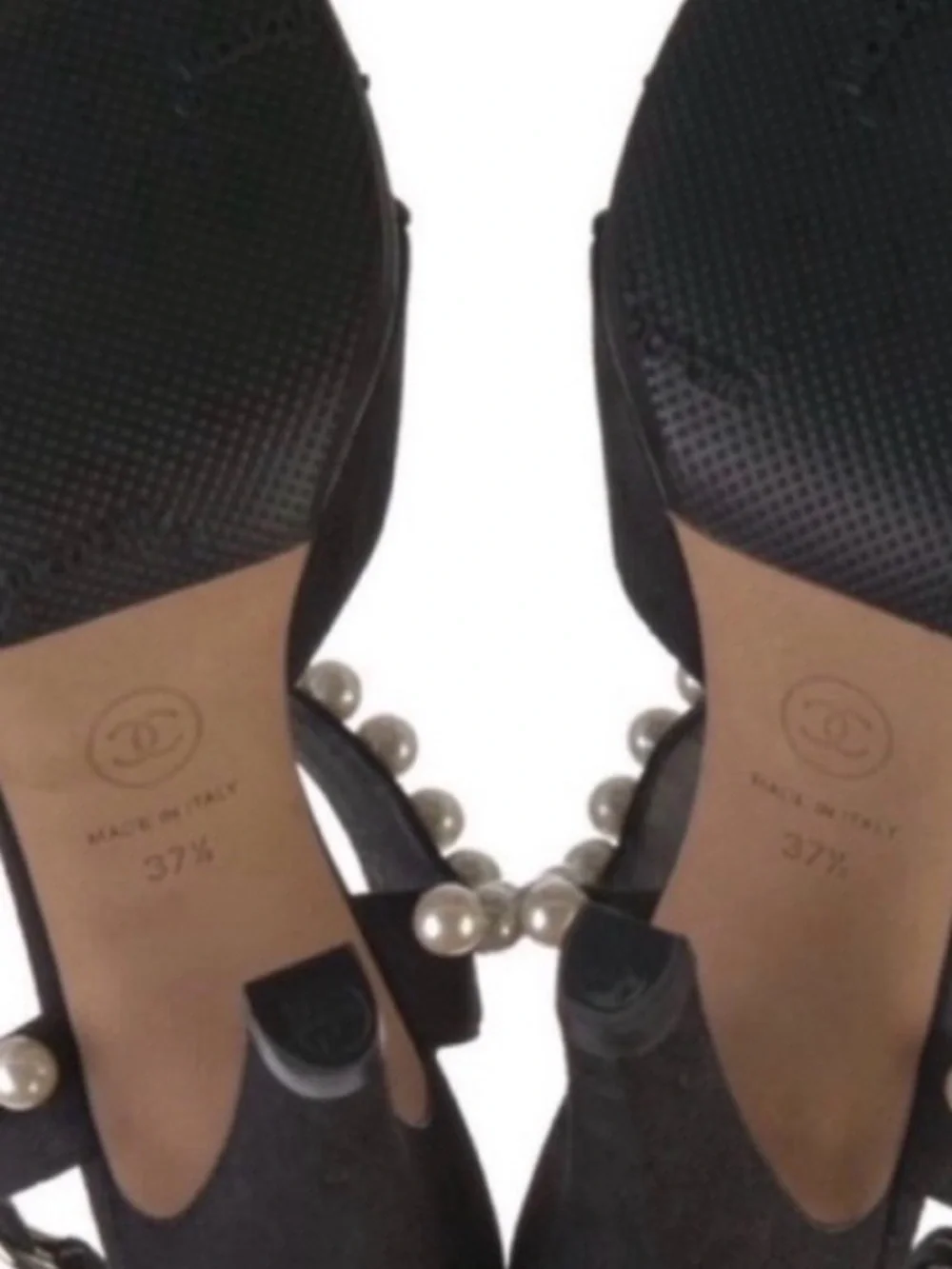 CHANEL Black Suede Faux Pearl Slingback Heeled CC Runway Sandals